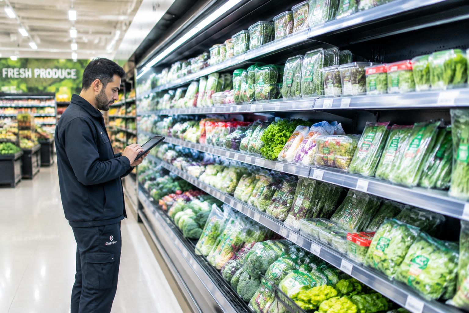 Technician checking a supermarket chiller aisle